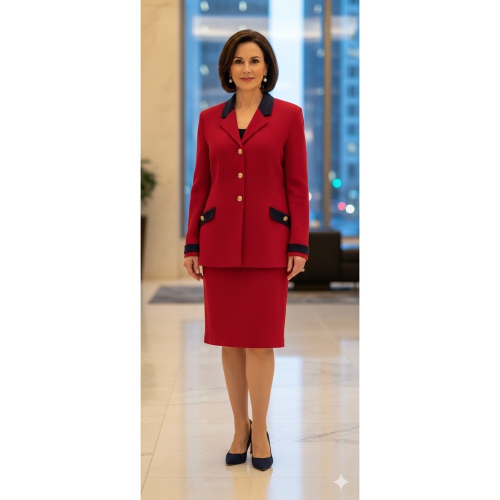 St. John Santana Knit Jacket Skirt Size 10 Leather Trim Career Luxury Academia